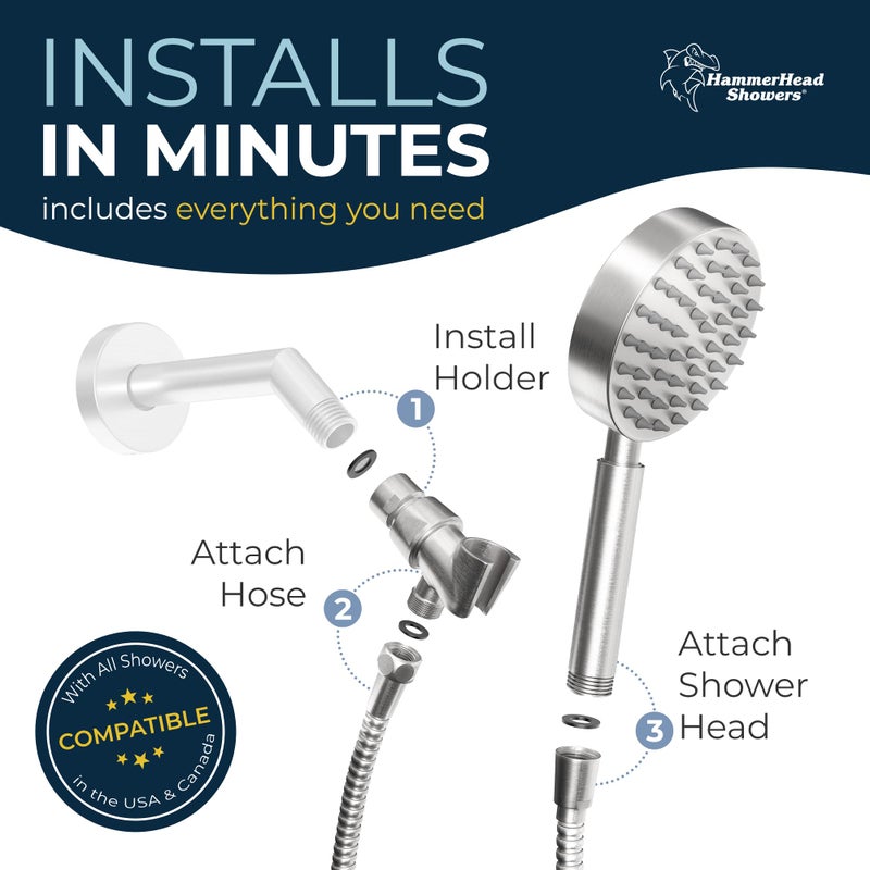 HammerHead ShowersÂ® Solid Metal LOW FLOW Handheld Shower Head with Hose and Brass Holder - BRUSHED NICKEL â€“ Water Saving 1.75 GPM Detachable Shower Head - Adjustable Shower Wand Bracket & 6ft Hose - Image 4